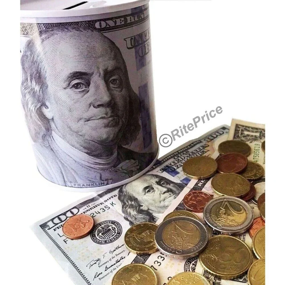 Ben Franklin One Hundred Dollar Bill Tin Piggy  Banks 6
